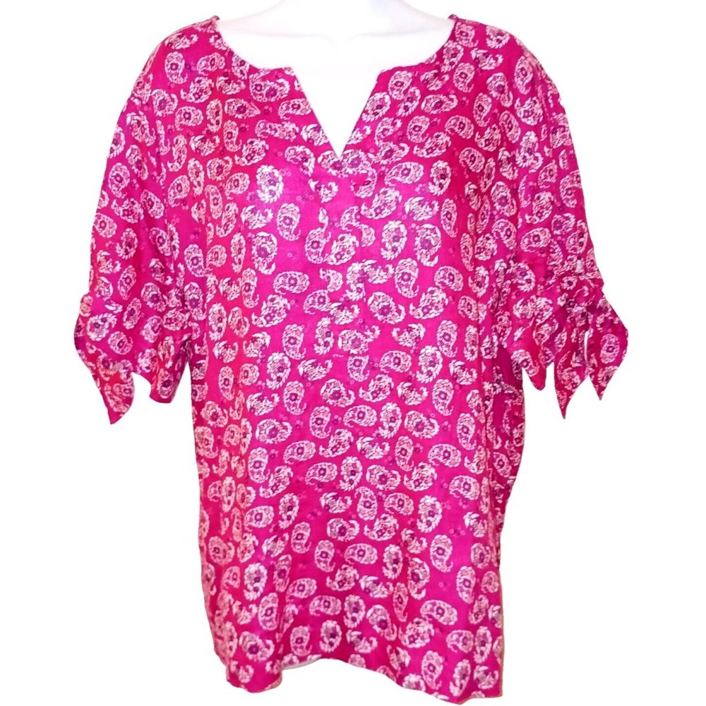 CHARTER CLUB NWT XX-Large Pink Tutu w/ Paisley Tie SS V-Neck 100% Linen Blouse